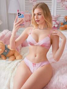 Bộ 2 chiếc/Bộ áo ngực không dây trang trí nơ dễ thương cho nữ - Hồng - Xem 5