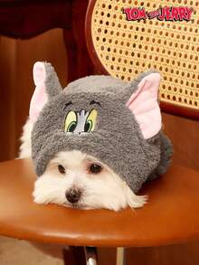 TOM & JERRY X PETSIN 1件汤姆猫刺绣3D耳朵装饰可爱双面毛绒材质保暖舒适连帽狗帽衫汤姆猫cos帽衫