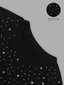 Lyxana 3pcs/Set Casual Round Neck Solid Color Rhinestone Embellished Women's T-Shirts, Spring/Summer - Black - View 5