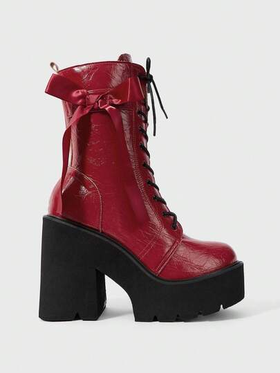 Women's Vintage Red Crinkle Leather Chunky Heel Mid-Calf Boots, Sexy Big Red Lace Bow Decor, Platform Waterproof Goth Punk Style Ankle Boots