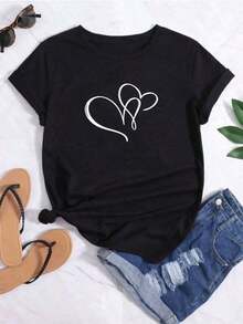 Camiseta de mujer incluso pluma amor impresión primavera y verano casual suelta cuello redondo manga corta - Negro - Ver 3
