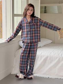 DAZY 少女格子印花长袖睡衣套装 - 棕色 - 查看 7