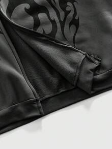 ROMWE MEN Street Life Men's Gothic Print Zip-Up Drawstring Hoodie Sweatshirt - Grey - View 5