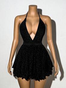 EgrlEra Fashionable Women's Halter Neck Backless Sleeveless Black Sexy Dress - Black - View 3