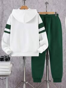 Vacaura 2pcs/Set Teenage Boys' Fashion Hooded Printed Sweatshirt And Striped Patchwork Casual Sports Jogger Pants, Suitable For Spring, Autumn And Winter Fall