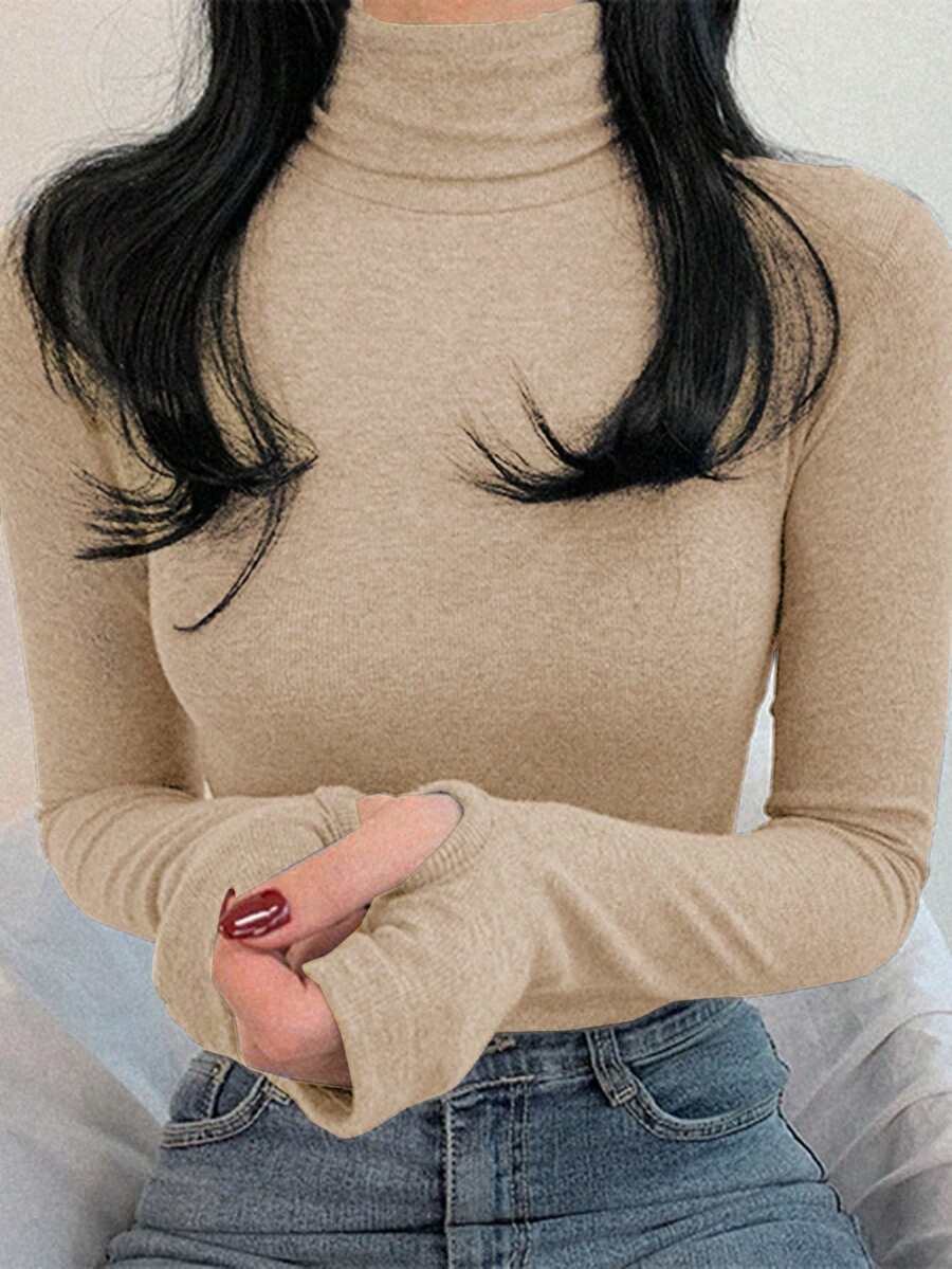 DAZY Áo thun nữ cổ lọ màu trơn tay dài thoải mái đa năng ôm vừa vặn - Màu Khaki - Xem 1