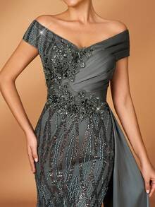 Serin Elegant Luxurious Beaded & Sequin Patchwork Elastic Satin Applique Off Shoulder Mermaid Dress, Suitable For Weddings, Parties, Vacations, Galas, Bride's Mother Evening Gowns