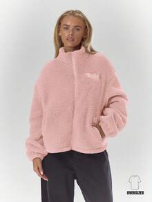 MUSERA Áo khoác nỉ cổ cao thêu họa tiết, có dây chun cài, chất liệu ấm áp, dễ thương, thích hợp mặc đi quán cà phê hoặc câu lạc bộ mùa đông. - Hồng - Xem 1