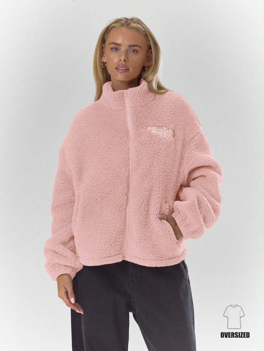 MUSERA Áo khoác nỉ cổ cao thêu họa tiết, có dây chun cài, chất liệu ấm áp, dễ thương, thích hợp mặc đi quán cà phê hoặc câu lạc bộ mùa đông. - Hồng - Xem 1