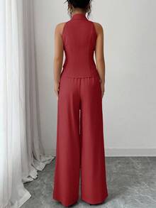 Elenzga 两件套女士商务套装，珍珠纽扣无袖翻领上衣搭配高腰直筒裤，通勤OL风，适合商务会议和日常办公穿着，春秋季款 - 紅色 - 查看 2