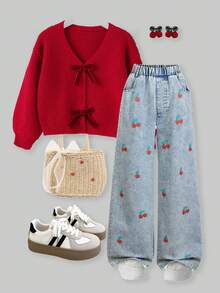 SHEIN Explorewe Tween Girl Girls' Casual Cute Cherry Print Loose Fit Jeans, Featuring Vivid Cherry Graphic With Green Stems Scattered On The Sides, Relaxed Silhouette Suitable For School Uniform, Christmas, Party, School, Vacation, Casual Wear - Blue - View 1