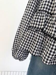 INAWLY 女士秋季新款可爱荷叶边下摆衬衫 - 黑與白 - 查看 5