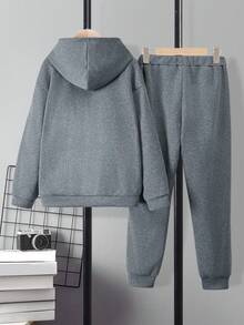 SHEIN Vacaura 2件套男童休闲连帽运动衫和运动裤针织套装，秋冬 - 灰色 - 查看 2