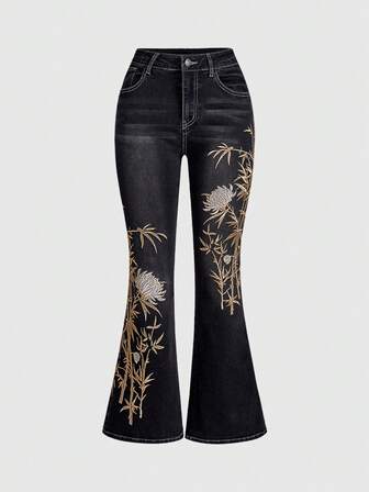 J-Fashion Jeans évasés pour femmes avec broderie de style chinois en bambou