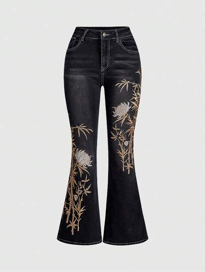 J-Fashion Jeans évasés pour femmes avec broderie de style chinois en bambou