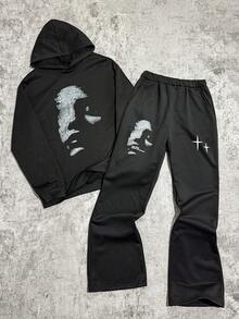 Coolqubz 两件套青少年（男童）运动套装，超现实主义肖像艺术时尚连帽衫搭配直筒运动裤，街头休闲装 - 黑色 - 查看 1