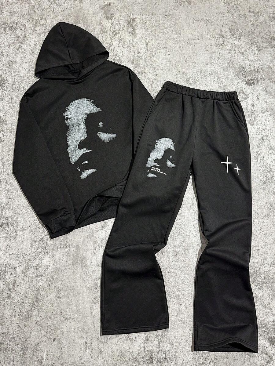 Coolqubz 两件套青少年（男童）运动套装，超现实主义肖像艺术时尚连帽衫搭配直筒运动裤，街头休闲装 - 黑色 - 查看 1