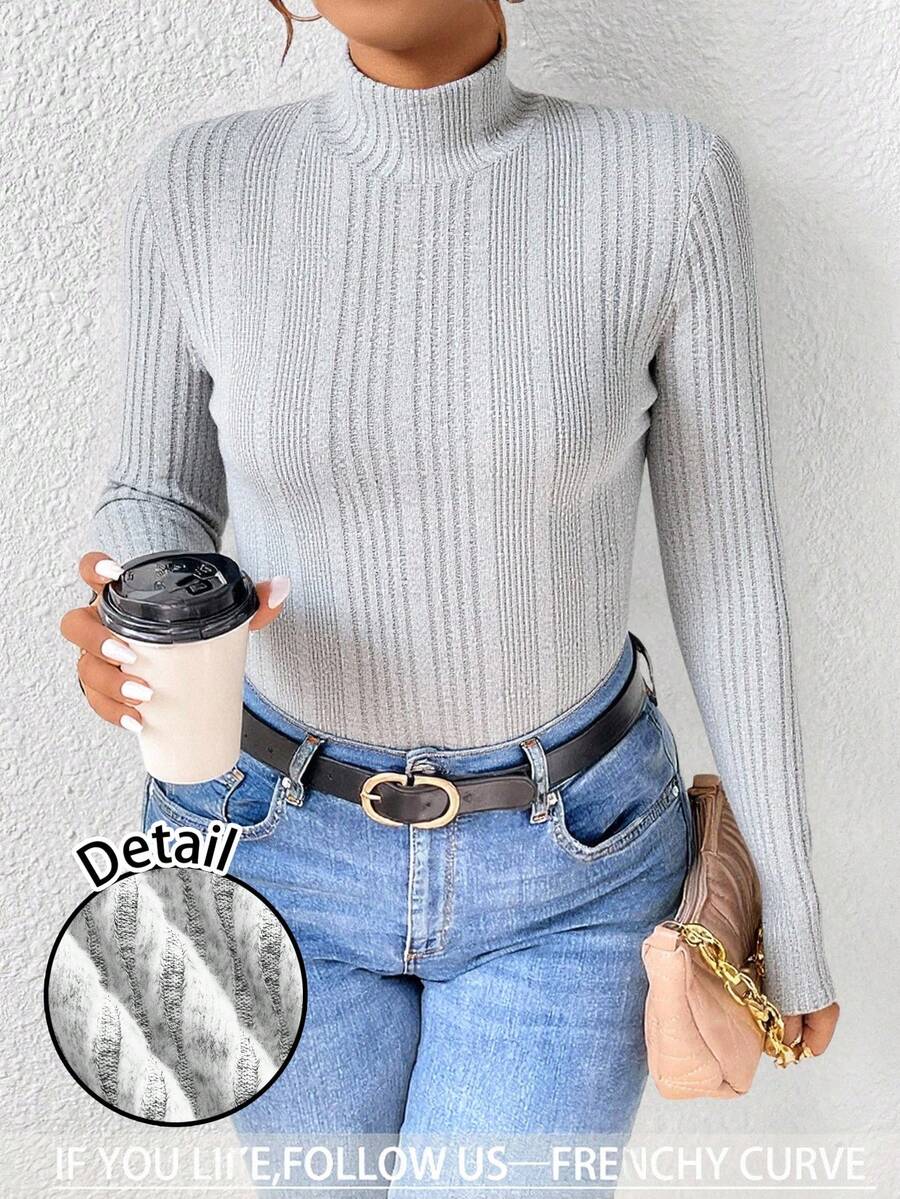 SHEIN Frenchy 休闲简约高领修身不对称罗纹保暖上衣，适合日常穿着，秋冬季百搭单品 - 灰色 - 查看 1