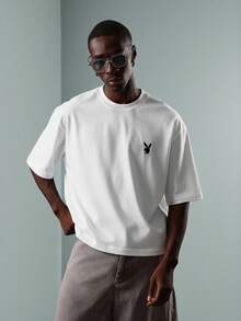 PLAYBOY X SUMWON Oversized Crop Fit T Shirt With Logo Print Short Sleeve Casual Cotton Tee - White - View 3