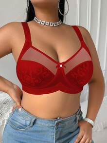 SHEIN 1pc Plus Size Women Contrast Mesh Wireless Bra - Red - View 4