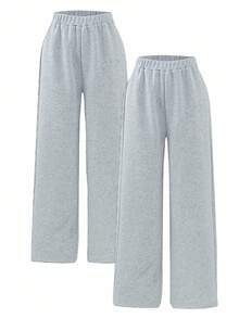 Vacaura 2 件青少年休闲百搭运动家居直筒运动裤，简约款式，双色组合，春夏 - 淺灰色 - 查看 4