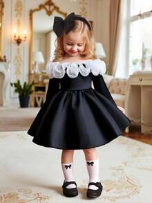 SHEIN Baby Girls' Black Satin Dress With Sheer Shoulder Straps, Paired With White Lace Trim, Elegant And Fashionable For Everyday, Gatherings And Parties - Black - View 1