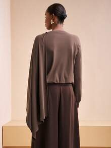 Zivah Women's Elegant Coffee Brown Long-Sleeve T-Shirt,Autumn Asymmetrical Cape-Style Loose-Fit Knit Top,Commuter-Style For Dining,Parties,Formal Occasions - Coffee Brown - View 3