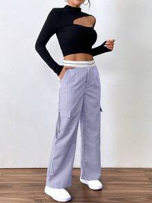 SHEIN Unity 女士休闲条纹直筒工装裤 - 寶藍色 - 查看 3