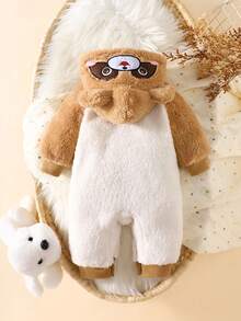 SHEIN Newborn Baby Cute Cartoon Romper, Infant Winter Jumpsuit Playsuit, Stylish Hooded Cotton Outerwear - Khaki - View 3