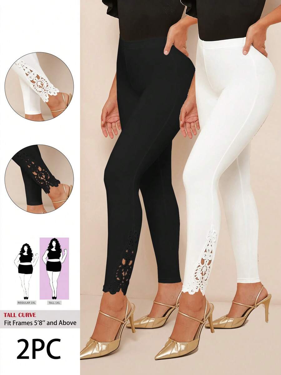 SHEIN PETITE CURVE 2pcs Women Plus Solid Color Elastic Waist Casual High-Stretch Leggings Black Lace Leggings Country Concert,Suitable For People Of Shorter Stature,Suitable For Autumn And Winter - Multicolor - View 1