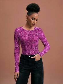 Glamance Vecteezy Women's Y2K All-Over Print Crew Neck Long Sleeve Fitted Fashionable Top Sequin Top Women Long Sleeve Top Women Purple Top Women Sparkle Top Glitter Top Women - Multicolor - View 5