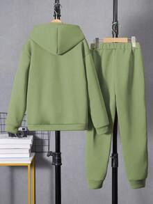 SHEIN Mirajuku 2 件套男童休闲连帽运动衫和运动裤，针织，秋冬 - 綠色 - 查看 2