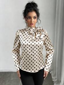 Rafferiza Women's Polka Dot Print Elegant Tie Collar Puff Sleeve Blouse Polka Dot Shirt Puff Sleeve Tops - Multicolor - View 5