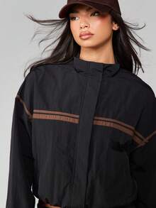 MISSGUIDED Chaqueta cortavientos de nailon con detalles de rayas marrones en contraste, puños acanalados, cierre de cremallera completa, ropa de exterior casual para otoño e invierno - Multicolor - Ver 5