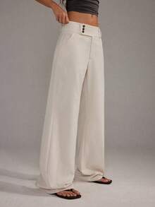 SHEIN PETITE 女士纯色口袋纽扣休闲百搭阔腿裤 - 杏色 - 查看 3