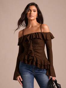 2026 Blusa con volantes y hombros descubiertos de moda para mujer - Marrón - Ver 5