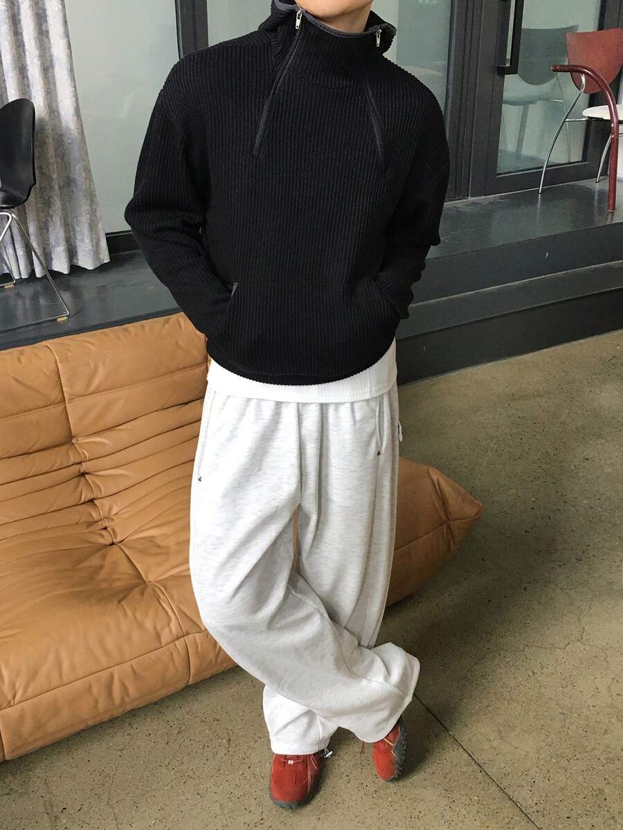 DAZY 男士纯色抓绒运动裤，松紧腰带，秋冬季 - 灰色 - 查看 1