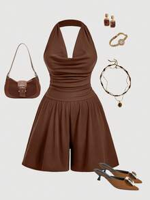 SHEIN MOD 大码垂坠领口宽腰褶饰阔腿连体衣，摩卡棕色，秋冬 - 棕色 - 查看 1