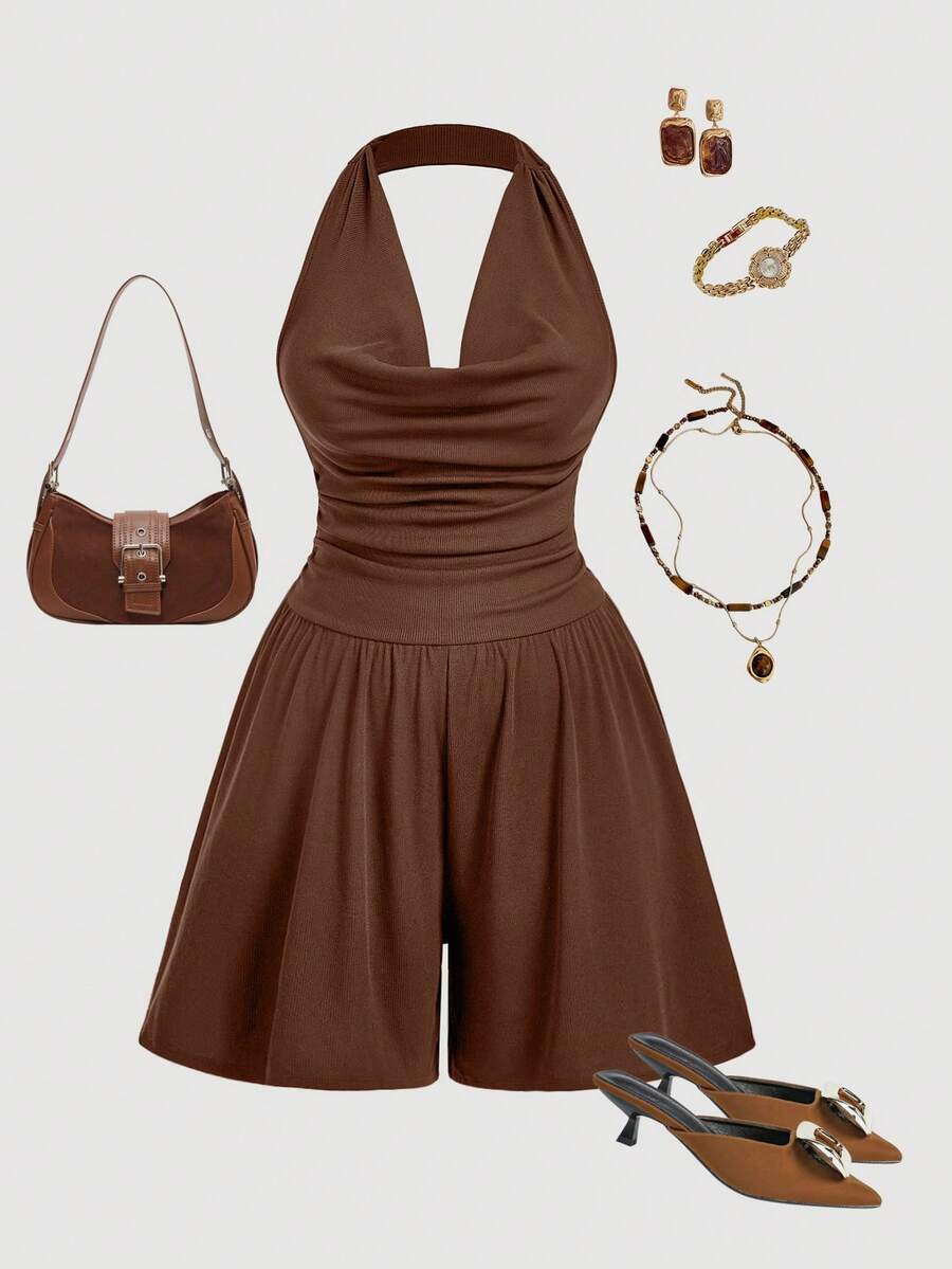SHEIN MOD 大码垂坠领口宽腰褶饰阔腿连体衣，摩卡棕色，秋冬 - 棕色 - 查看 1