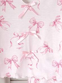 SHEIN 少女蝴蝶结印花V领长袖上衣和宽松长裤套装，适合情人节、圣诞节、家庭亲子装 - 粉色 - 查看 3