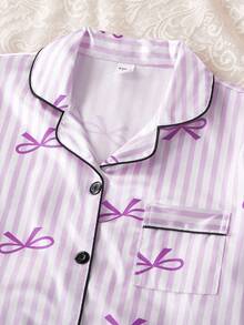 2pcs Women & Teen GirlElegant Plaid Satin Fabric Cardigan & Pants Casual Comfortable Pajama Set Purple Pajamas Set Teen Girls Pajamas-Pajama Set Notch Collar Long Sleeve Top With Bow Print Striped Lounge Pants Light Purple Piped Trim Home Wear All Season 2026 New Year Essential - Purple - View 5