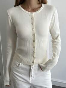 Livesso Áo khoác cardigan dệt kim màu trắng trang nhã, phong cách đường phố thường ngày dành cho nữ, thích hợp cho mùa xuân và mùa thu, cũng như dịp năm mới và Giáng sinh. - Màu be - Xem 4