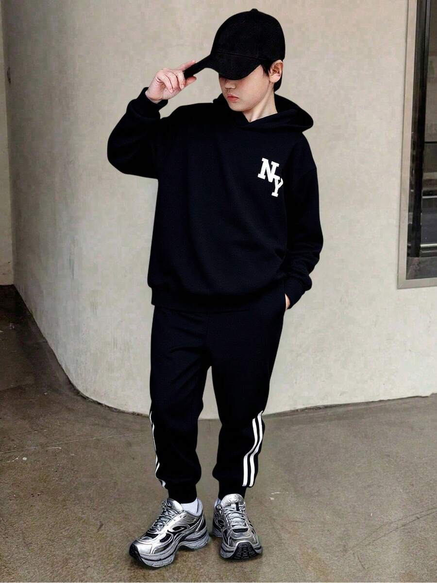 Mirajuku 2pcs/Set Boys Casual Hooded Sweatshirt With Side Stripe & Drawstring Pants Suit, Suitable For Autumn/Winter Everyday, Commuting, Sports Wear - Black - View 1