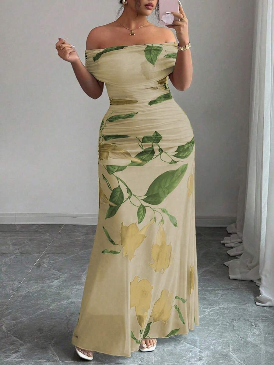 Modelyn 大码女式网眼印花露肩荷叶边连衣裙，优雅派对装