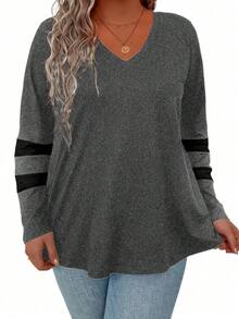 Plus Striped Print V Neck Tee Graphic Tees Women Tops - Dark Grey - View 5