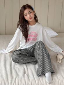 DAZY 2件套少女圆领印花长袖T恤+条纹梭织裤家居服套装，秋季 - 白色 - 查看 2