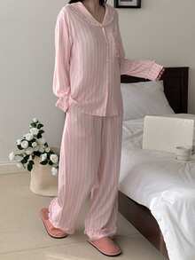 DAZY Striped Ruffle Collar Women Pajama Set - Pink - View 8
