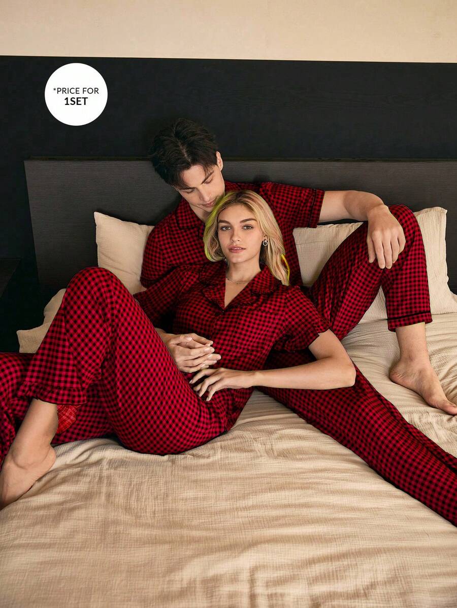 CoupledUp Contrast Trim Plaid Print Lapel Collar Men's Pajama Set - Multicolor - View 1