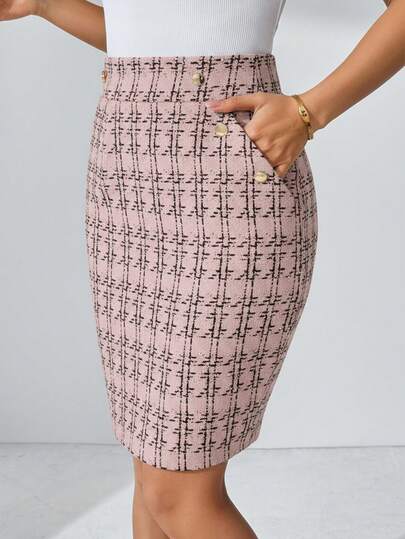 SHEIN Clasi Women's Elegant Faux Leather Pocket Metal Buckle Skirt, Suitable For Commute, Casual Everyday Wear, Summer,Fall,Fall Clothes For Women,Winter Clothes For Women Pink Plaid Skirt