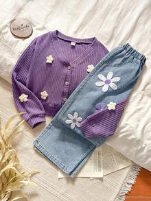 SHEIN Vintaside Kids 少女V领长袖时尚短款上衣搭配百搭刺绣牛仔裤套装，春秋季 - 紫色 - 查看 1